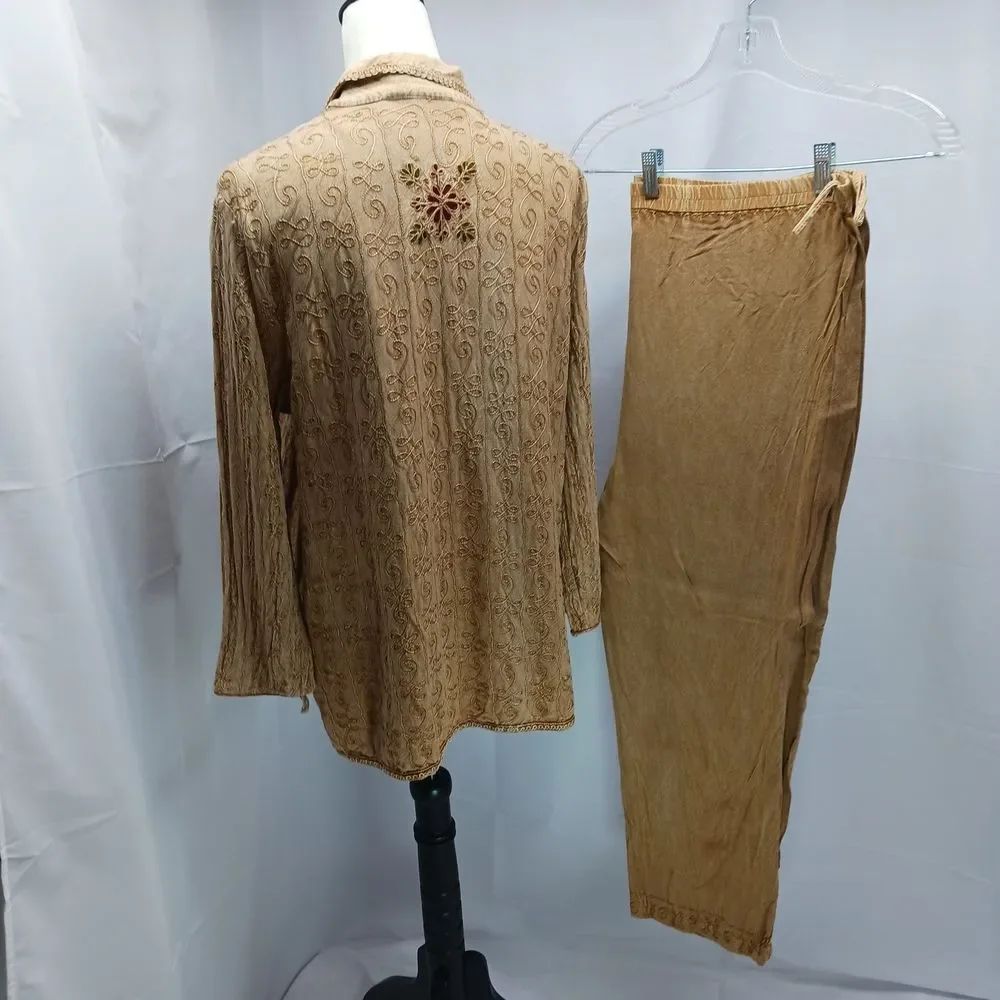 NWOT BILA Crinkle Gauze Embroidered Top & Pants Set Womans XL Boho Hippie Chic